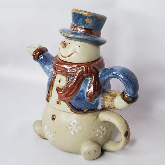 Stoneware Snowman Teapot Male Top Hat Blue Brown Snowflakes Christmas Winter - Picture 3 of 6